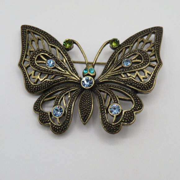 Butterfly Bronze Tone Rhinestone Brooch - Picture 1 of 6